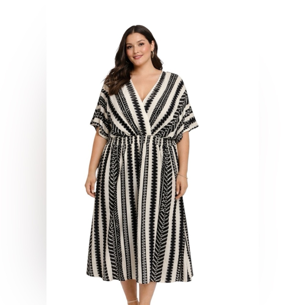 BloomChic Boho Black White Geometric Midi Dress Plus Size 14 16 Elastic Waist